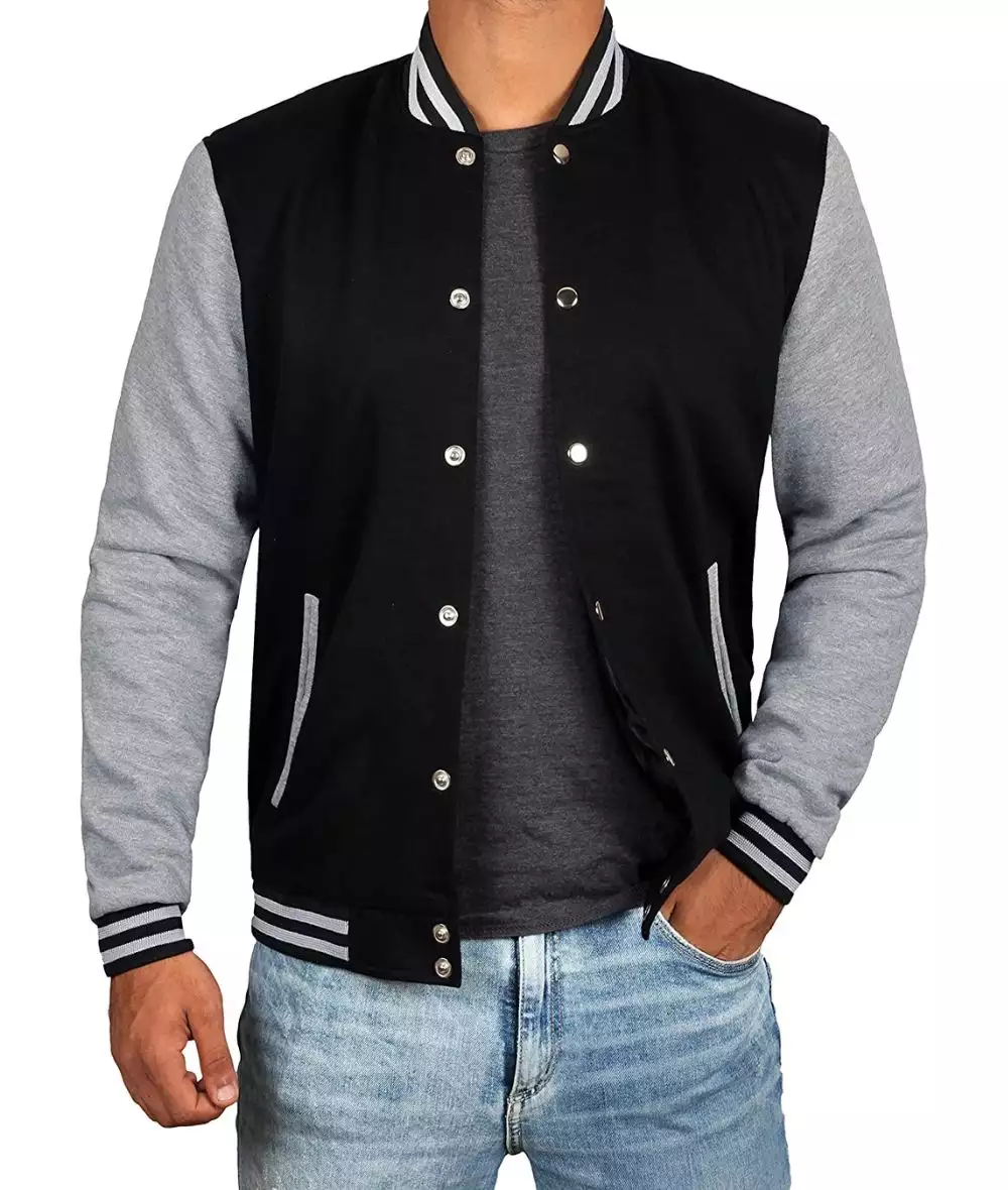 Men's Black Baseball Varsity Jacket with Grey Sleeves - Bomber Style