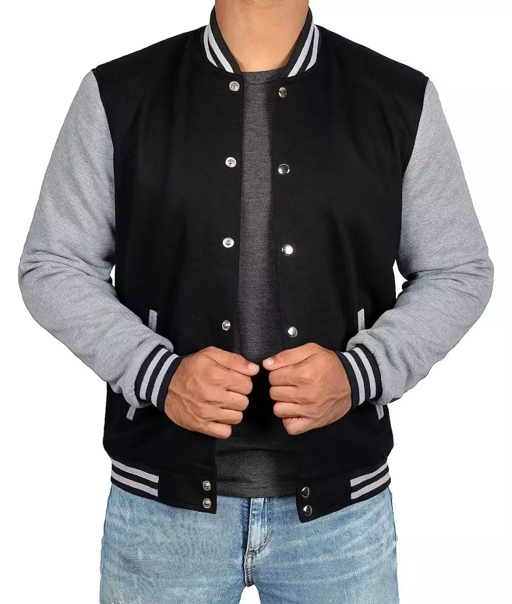 Men's Black Baseball Varsity Jacket with Grey Sleeves - Bomber Style