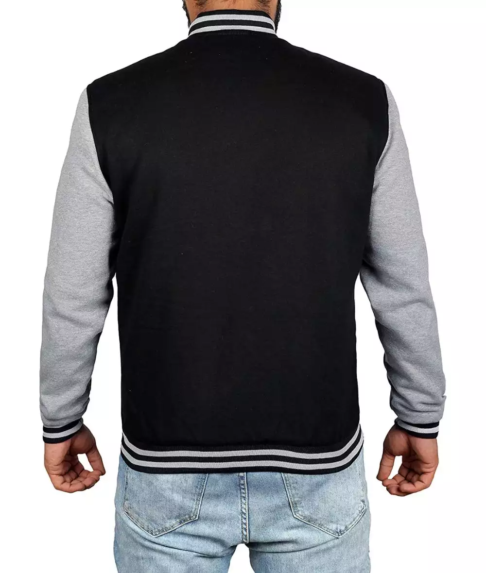 Men's Black Baseball Varsity Jacket with Grey Sleeves - Bomber Style