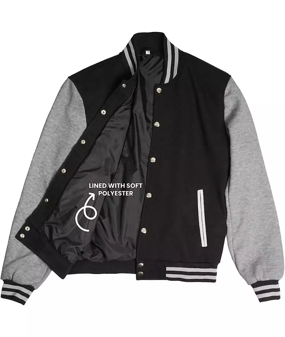 Men's Black Baseball Varsity Jacket with Grey Sleeves - Bomber Style