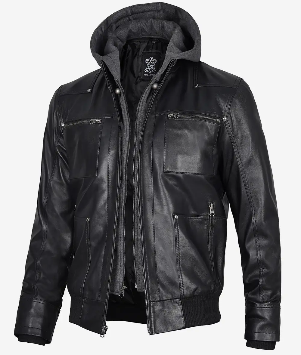 Men's Black Leather Bomber Jacket with Removable Hood