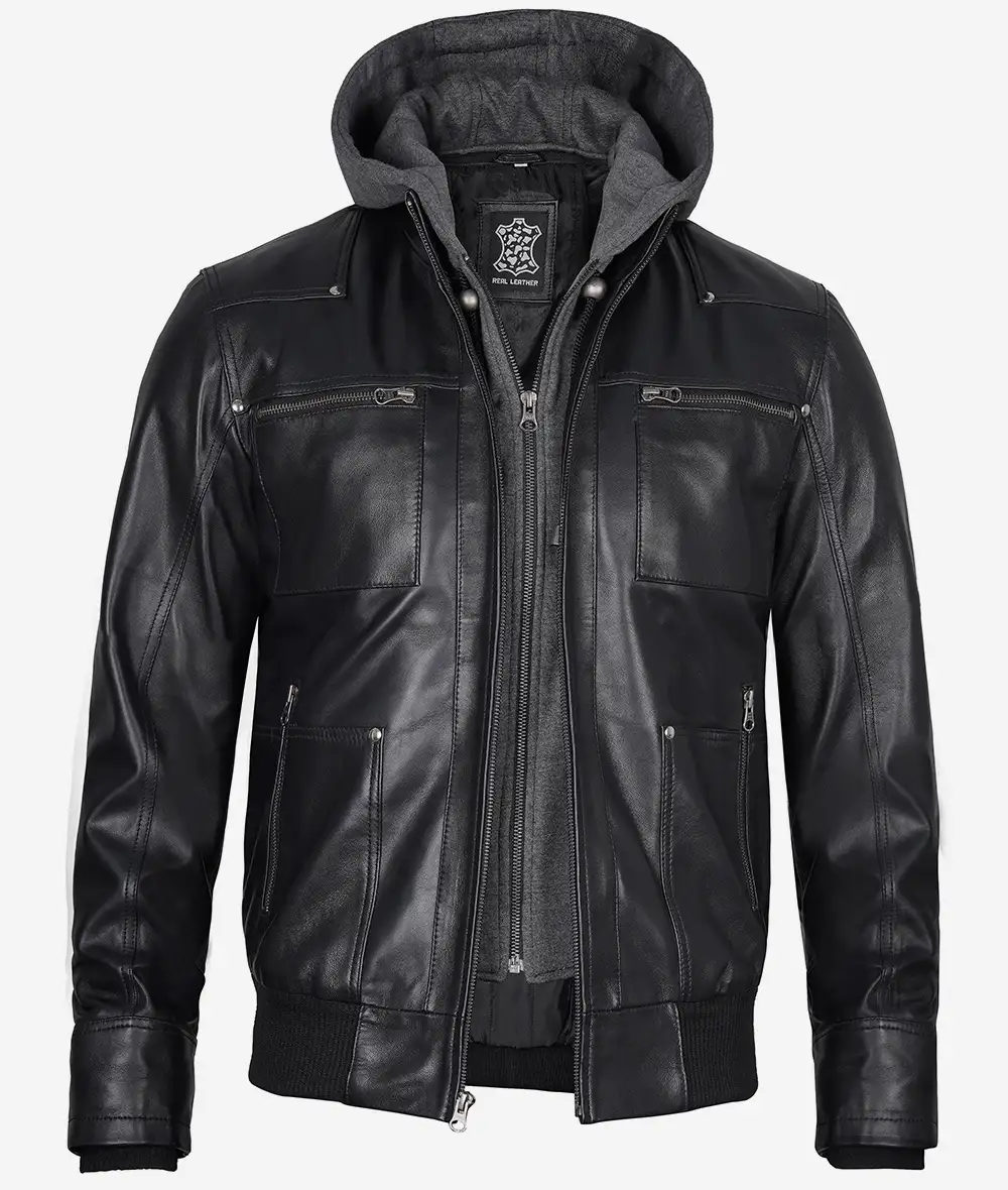 Men's Black Leather Bomber Jacket with Removable Hood