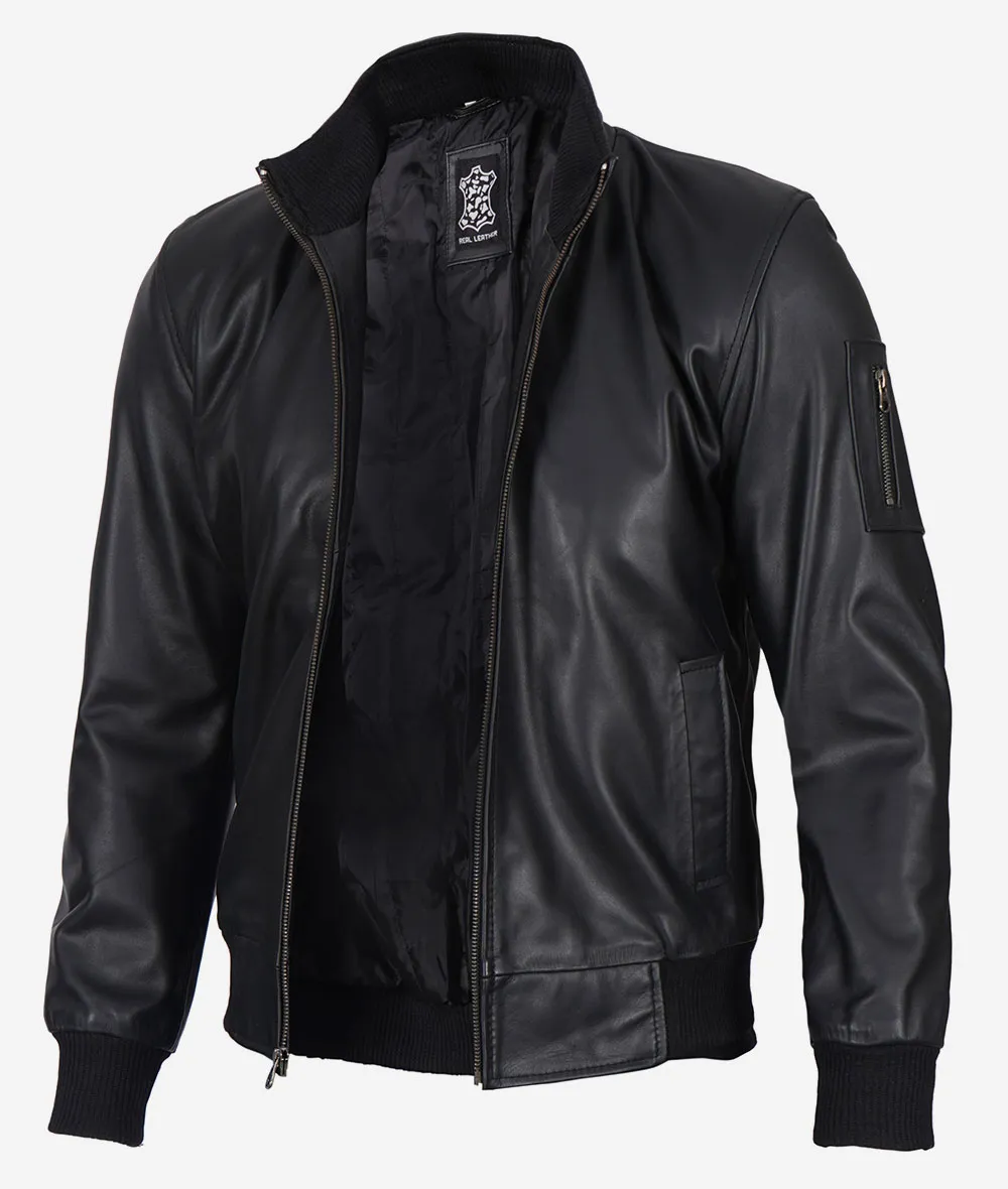 Men's Premium Black Cowhide Leather Bomber Jacket