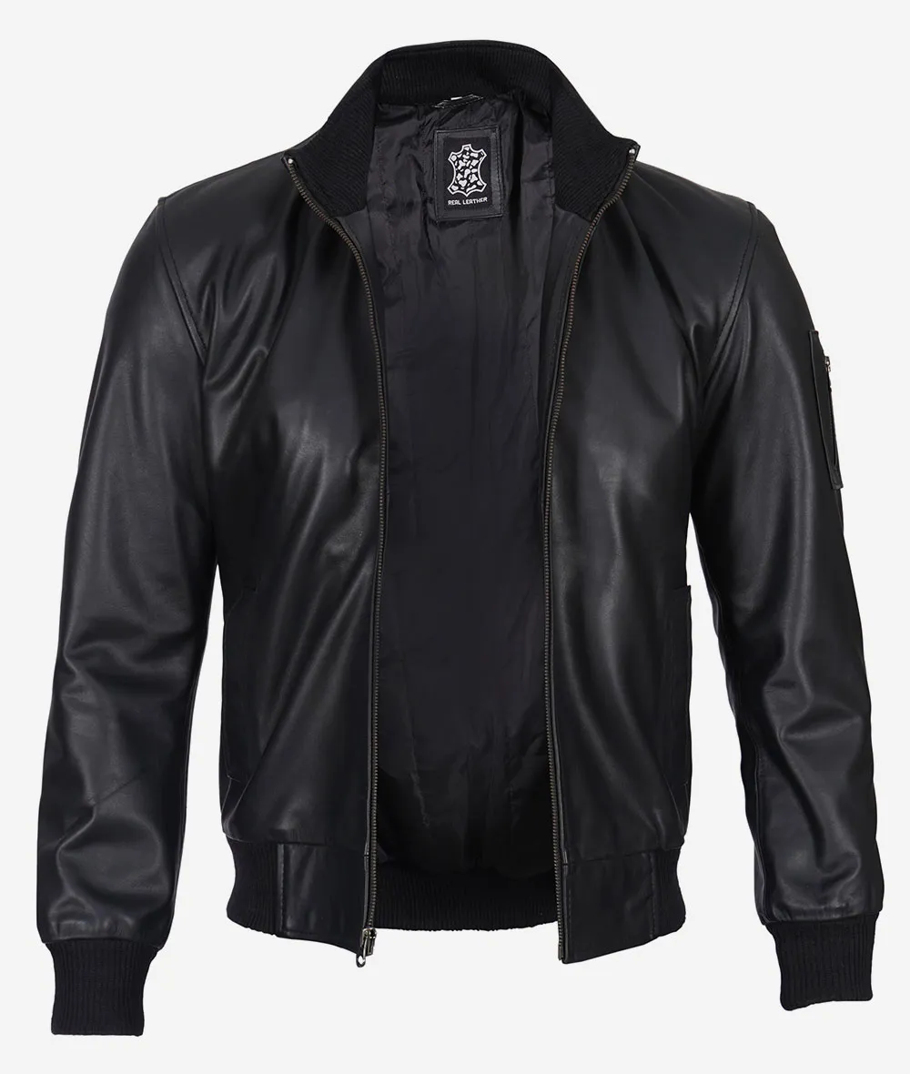 Men's Premium Black Cowhide Leather Bomber Jacket