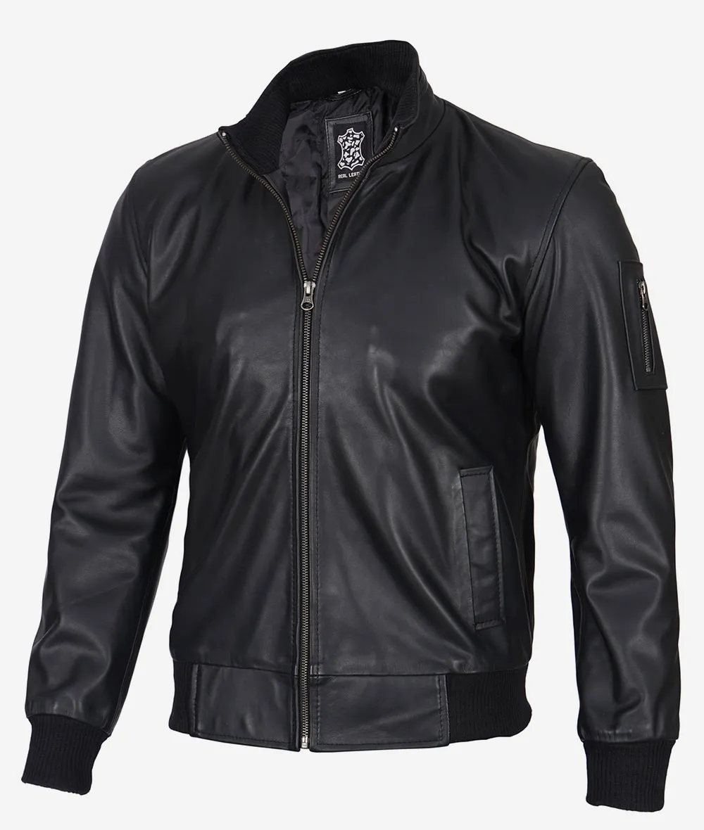 Men's Premium Black Cowhide Leather Bomber Jacket