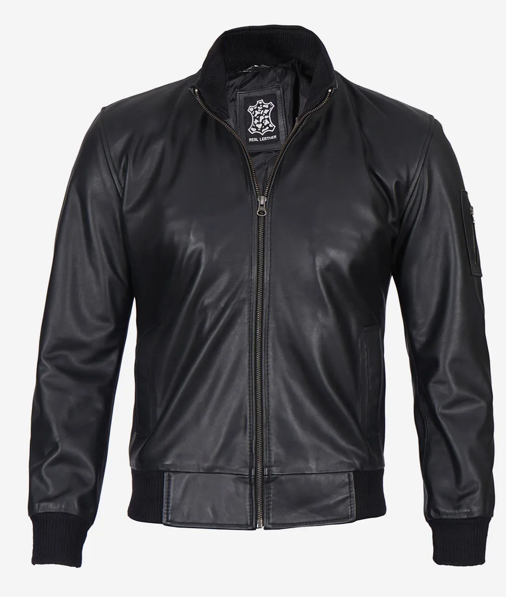 Men's Premium Black Cowhide Leather Bomber Jacket