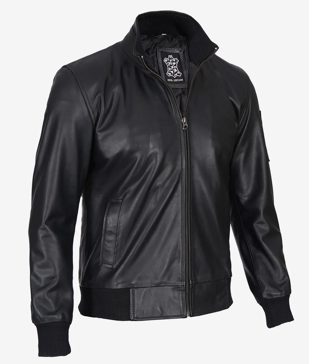 Men's Premium Black Cowhide Leather Bomber Jacket