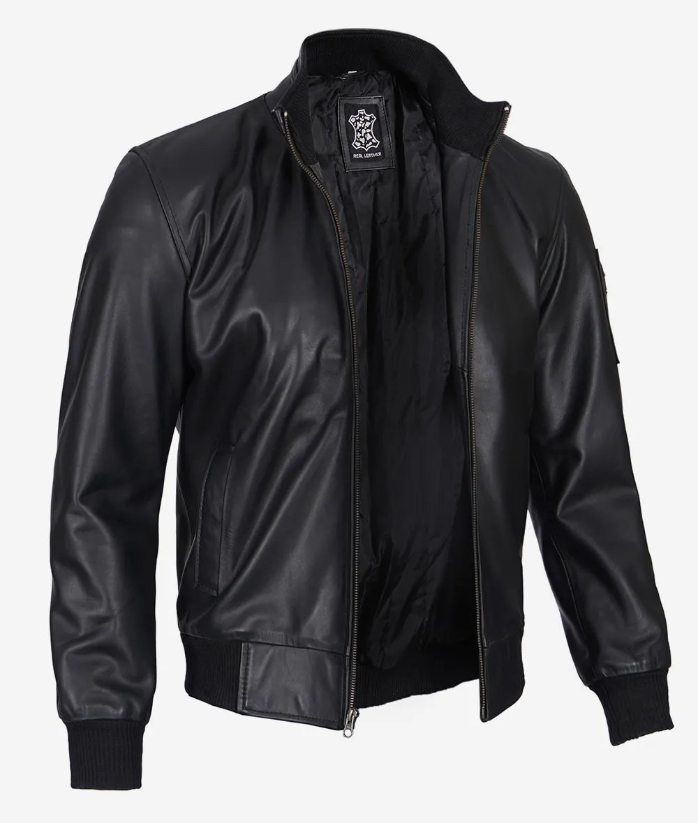 Men's Premium Black Cowhide Leather Bomber Jacket