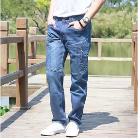 Men's Casual Denim Solid Pattern Loose Fit Zipper Straight Pants