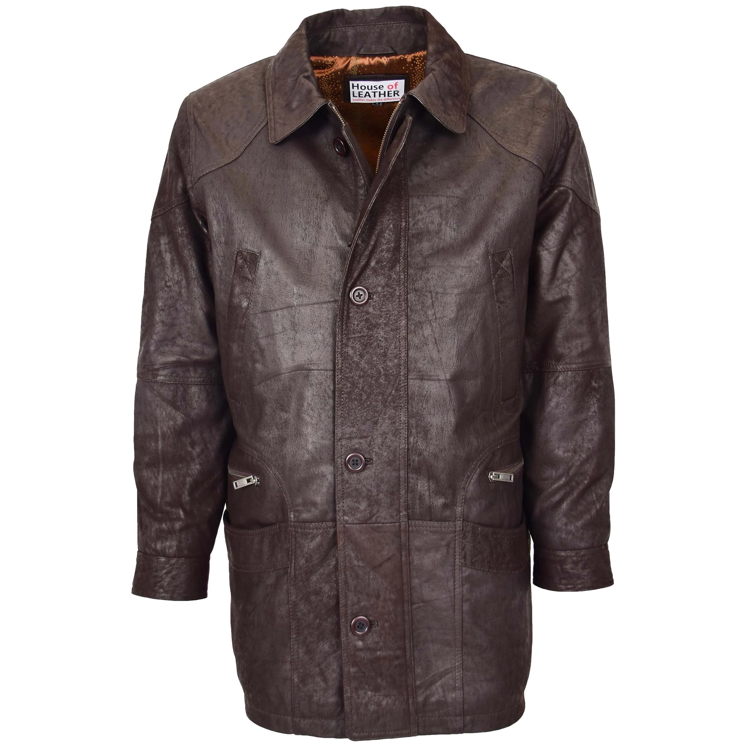 Mens Classic Leather Winter Car Coat M2 Brown