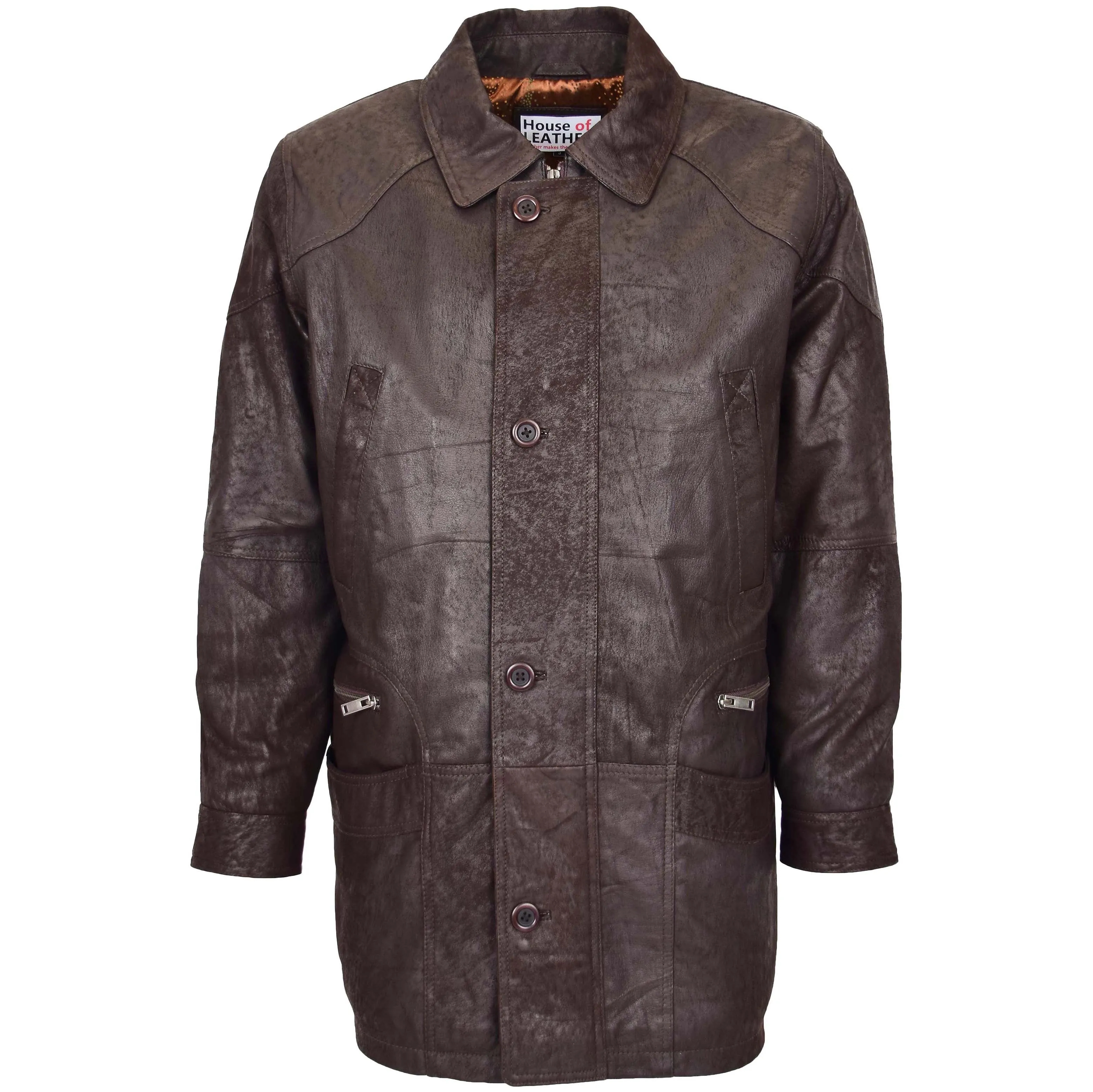 Mens Classic Leather Winter Car Coat M2 Brown