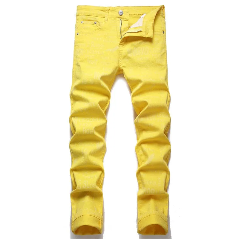 Men's Summer Yellow Digital Printed Tight Skinny Midwaist Jeans Pants