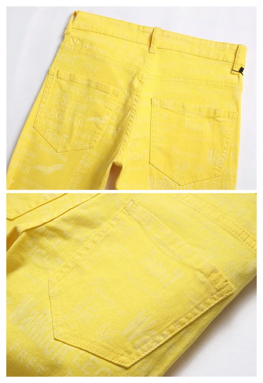 Men's Summer Yellow Digital Printed Tight Skinny Midwaist Jeans Pants