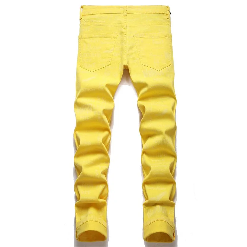 Men's Summer Yellow Digital Printed Tight Skinny Midwaist Jeans Pants