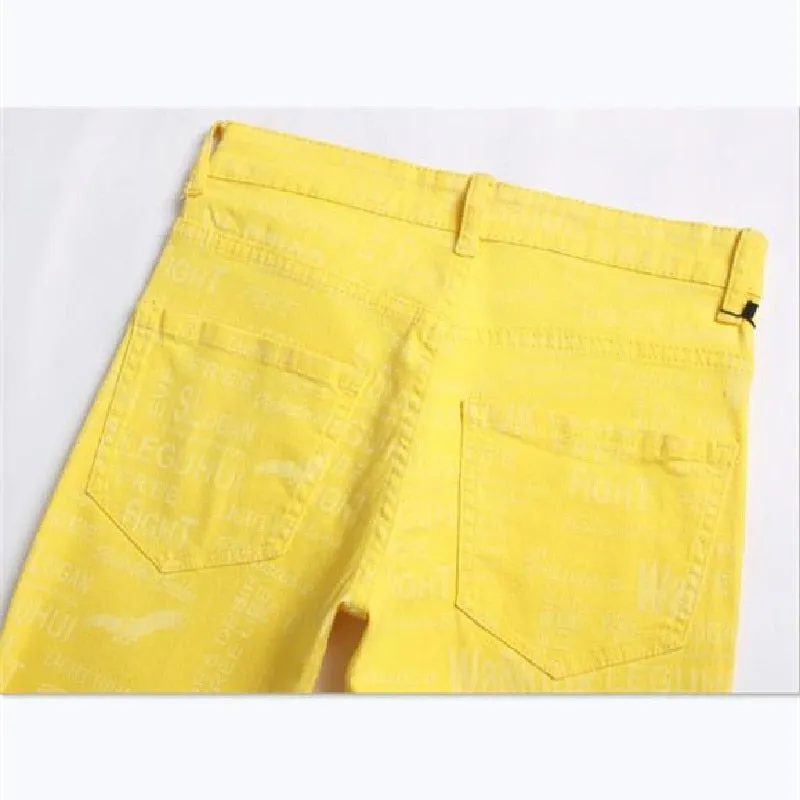 Men's Summer Yellow Digital Printed Tight Skinny Midwaist Jeans Pants