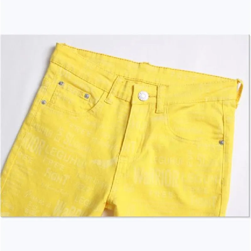 Men's Summer Yellow Digital Printed Tight Skinny Midwaist Jeans Pants