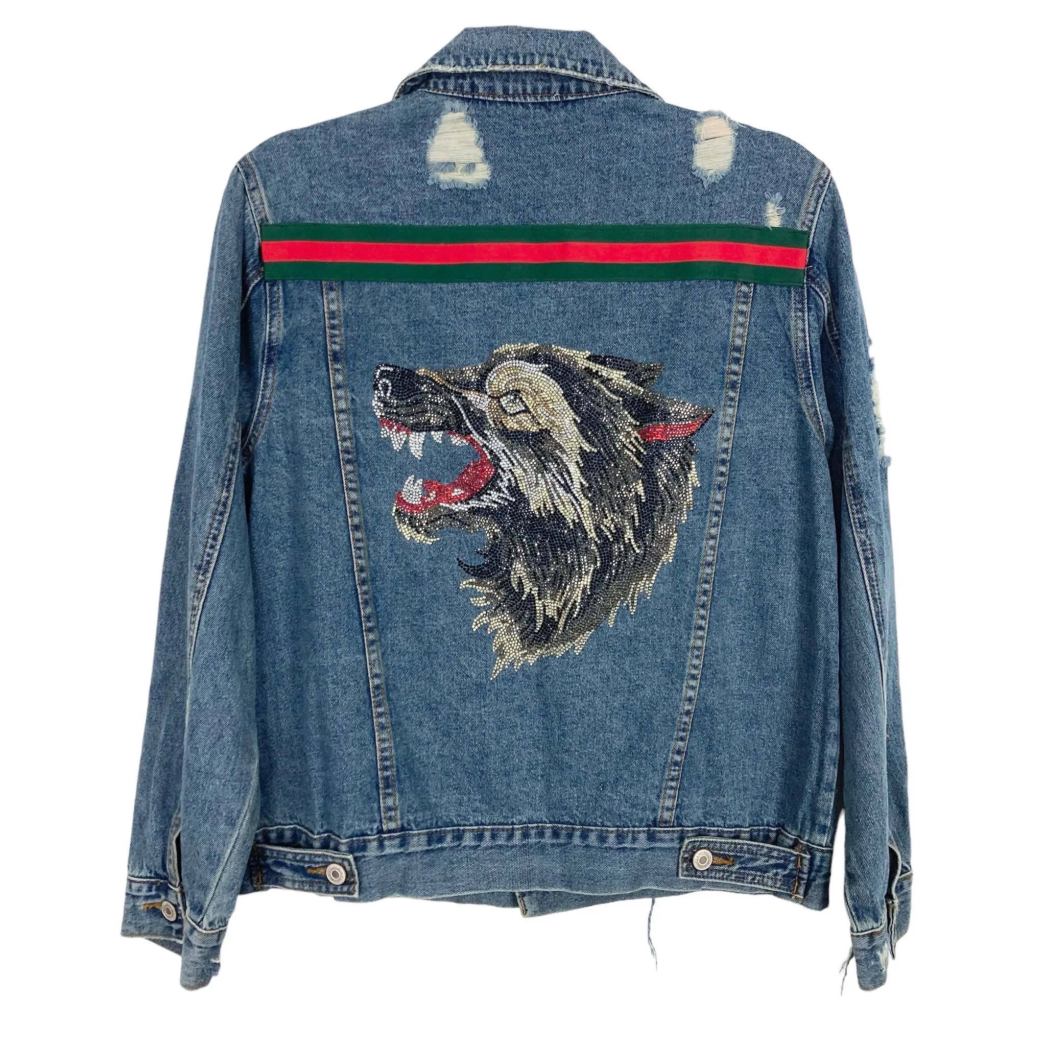 Michelle Roy Los Angeles AUTOGRAPHED Distressed Ribbon Trim with Sequins Wolf Applique Back Denim Jacket- Size S