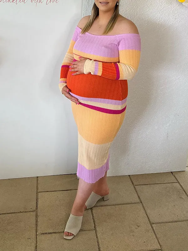 Momnfancy Multicolor Rainbow Striped Off-shoulder Bodycon Long Sleeve Fashion BabyShower Maternity Maxi Dress