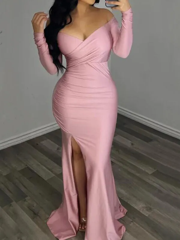 Momnfancy Pink Off Shoulder Long Sleeve High Split Bodycon Baby Shower Party Gown Pregnancy Maternity Maxi Dress