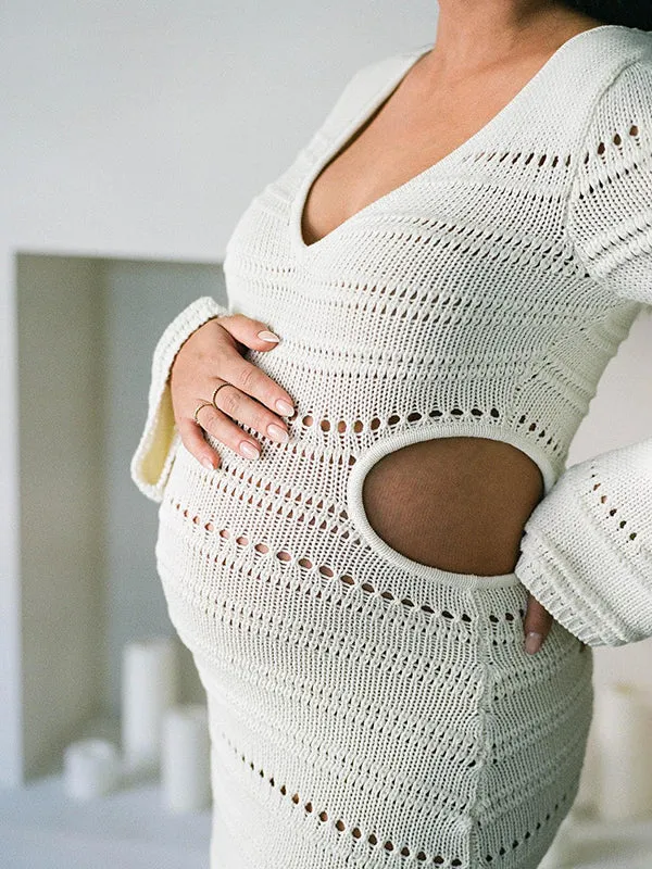 Momnfancy White Crochet Cut Out Bodycon Long Sleeve Elegant BabyShower Maternity Maxi Dress