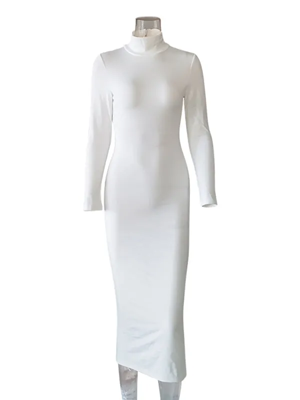 Momnfancy White High Neck Long Sleeve Baby Shower Bodycon Maternity Midi Dress