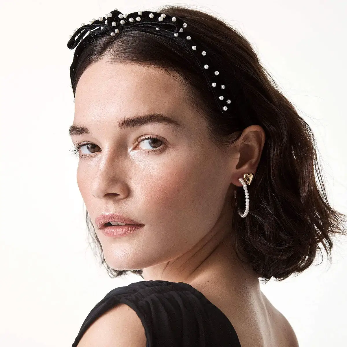 Pearl Ribbon Slim Headband, Jet