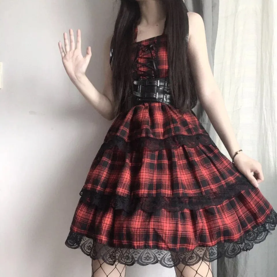 Plaid Gothic Lolita Lace Ruffle Dress