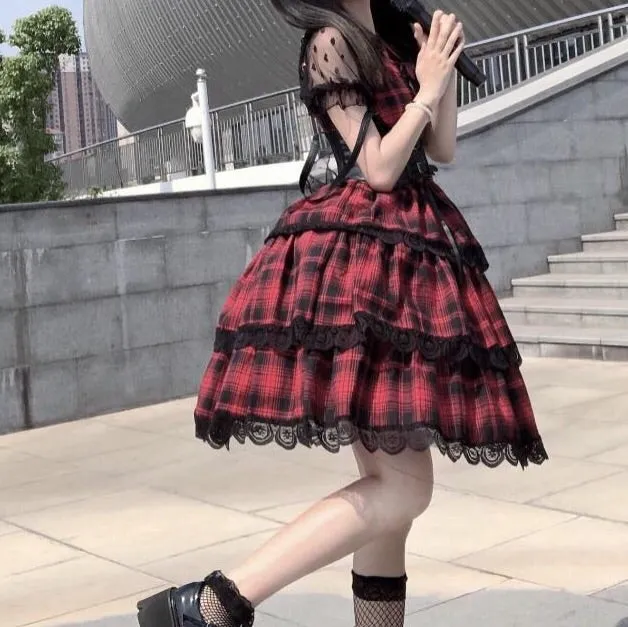 Plaid Gothic Lolita Lace Ruffle Dress