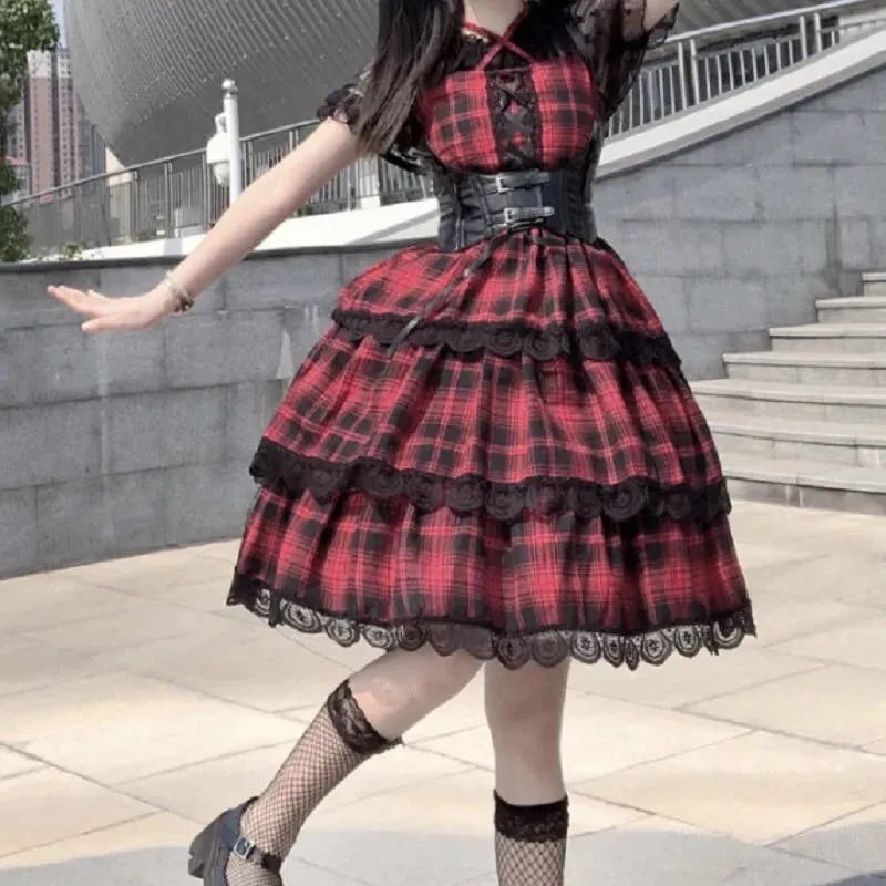 Plaid Gothic Lolita Lace Ruffle Dress