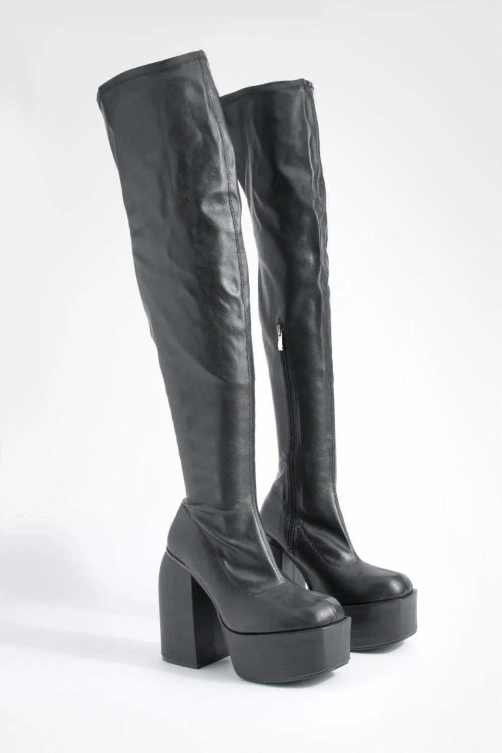 Platform Block Heel Stretch Pu Knee High Boots