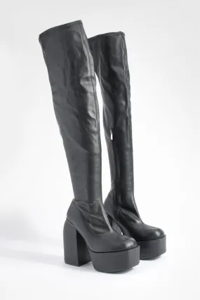 Platform Block Heel Stretch Pu Knee High Boots