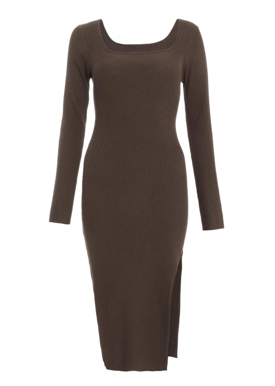 Quiz Brown Knit Long Sleeve Bodycon Midi Dress