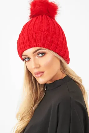 Red Knitted Bobble Hat - Rorey