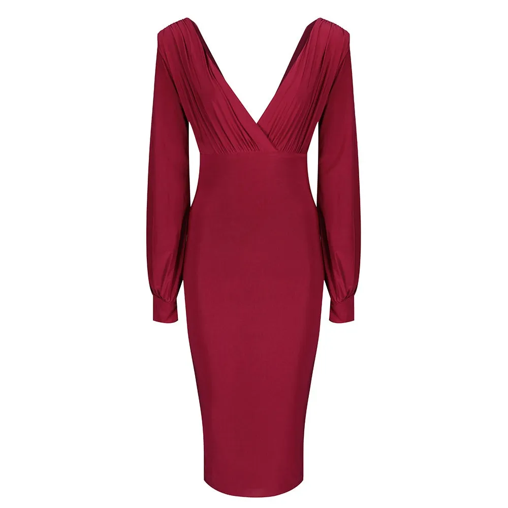 Red V Neck Long Sleeve Slinky Bodycon Midi Dress