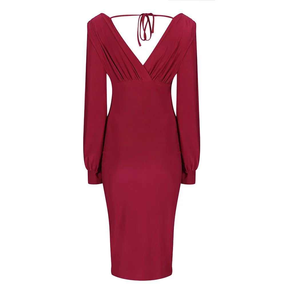 Red V Neck Long Sleeve Slinky Bodycon Midi Dress