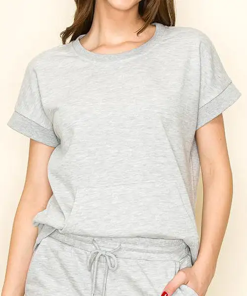 Rib Banded Short Sleeve Sweatshirt - Heather Grey