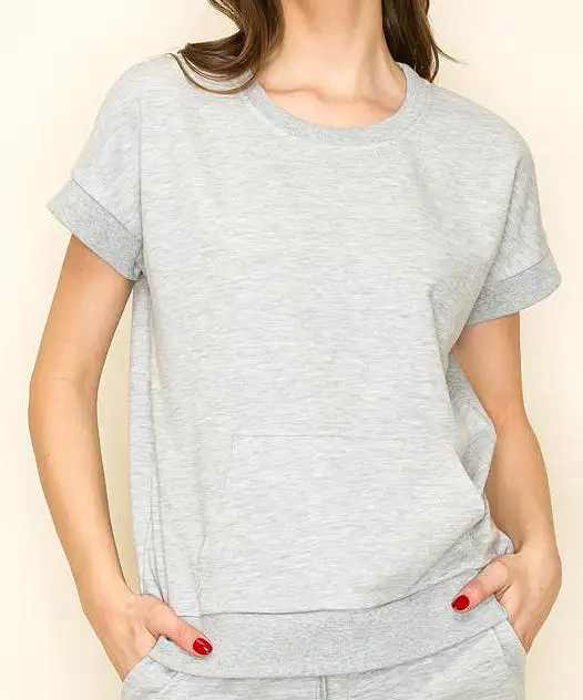 Rib Banded Short Sleeve Sweatshirt - Heather Grey