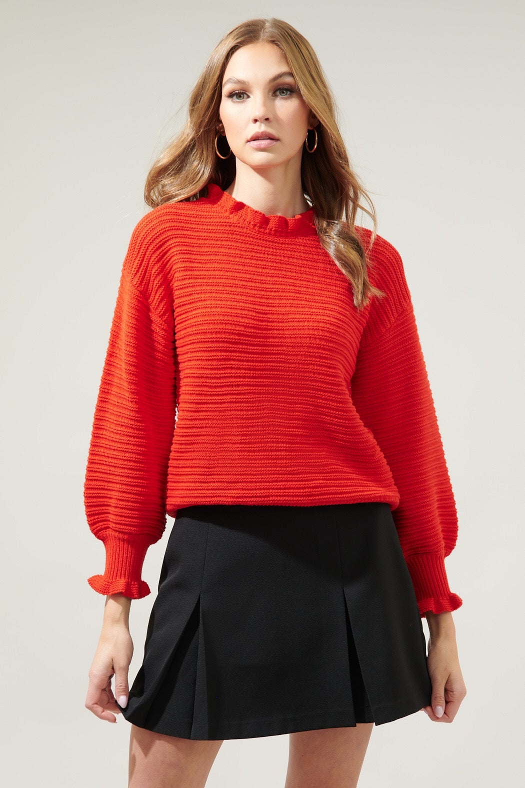 Ruffle Neck Ribbed Sweater- Red