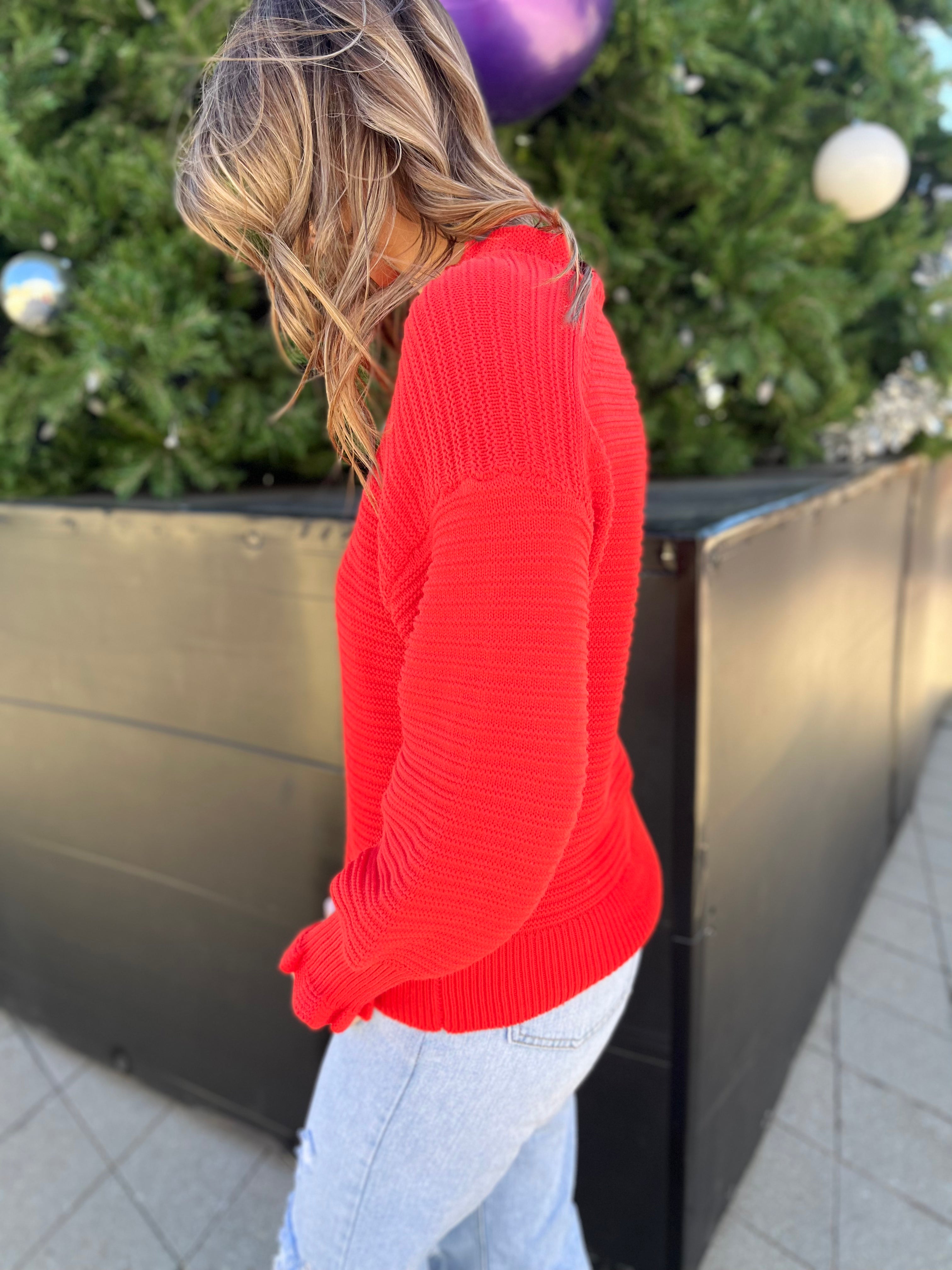 Ruffle Neck Ribbed Sweater- Red