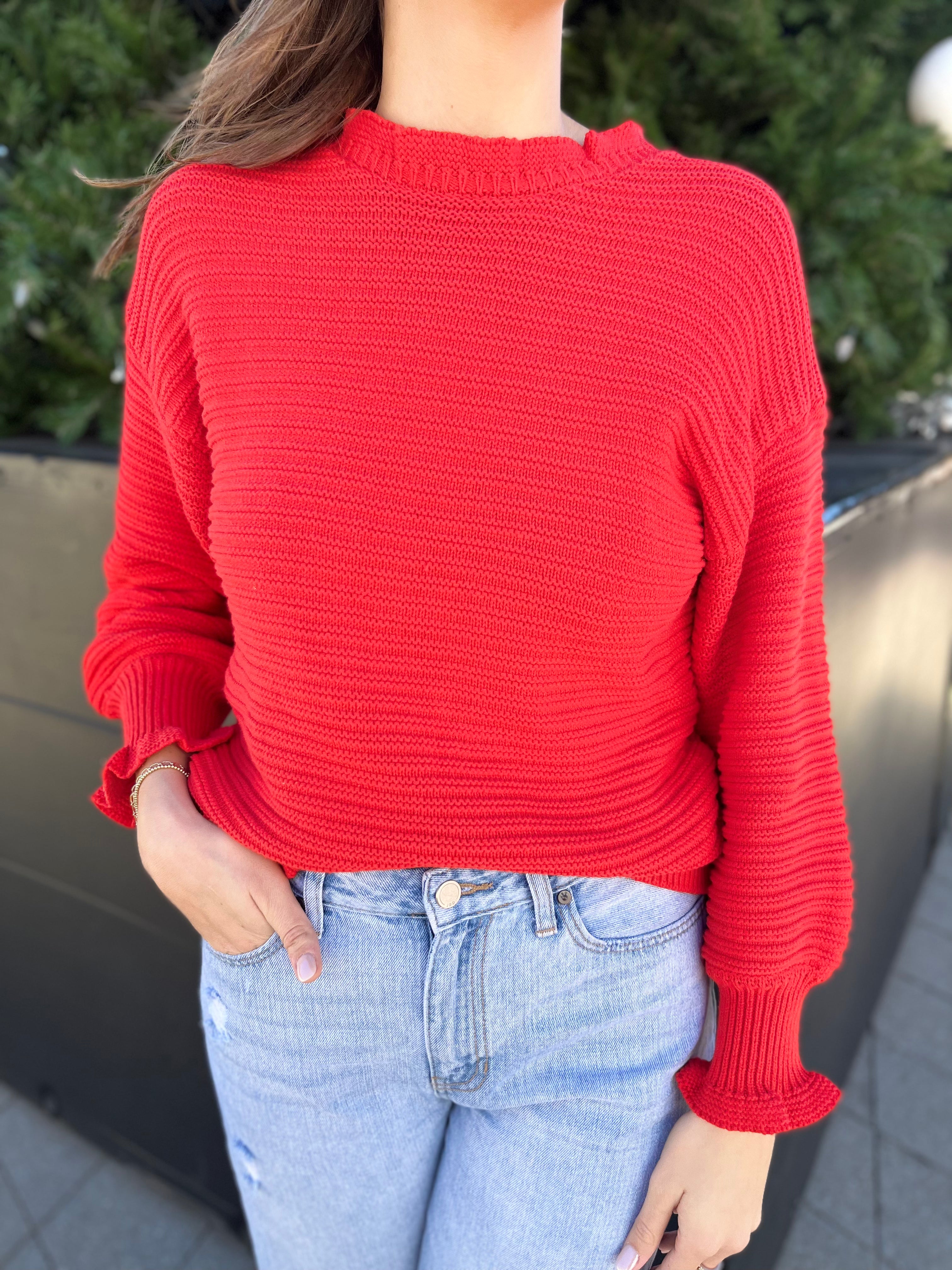 Ruffle Neck Ribbed Sweater- Red