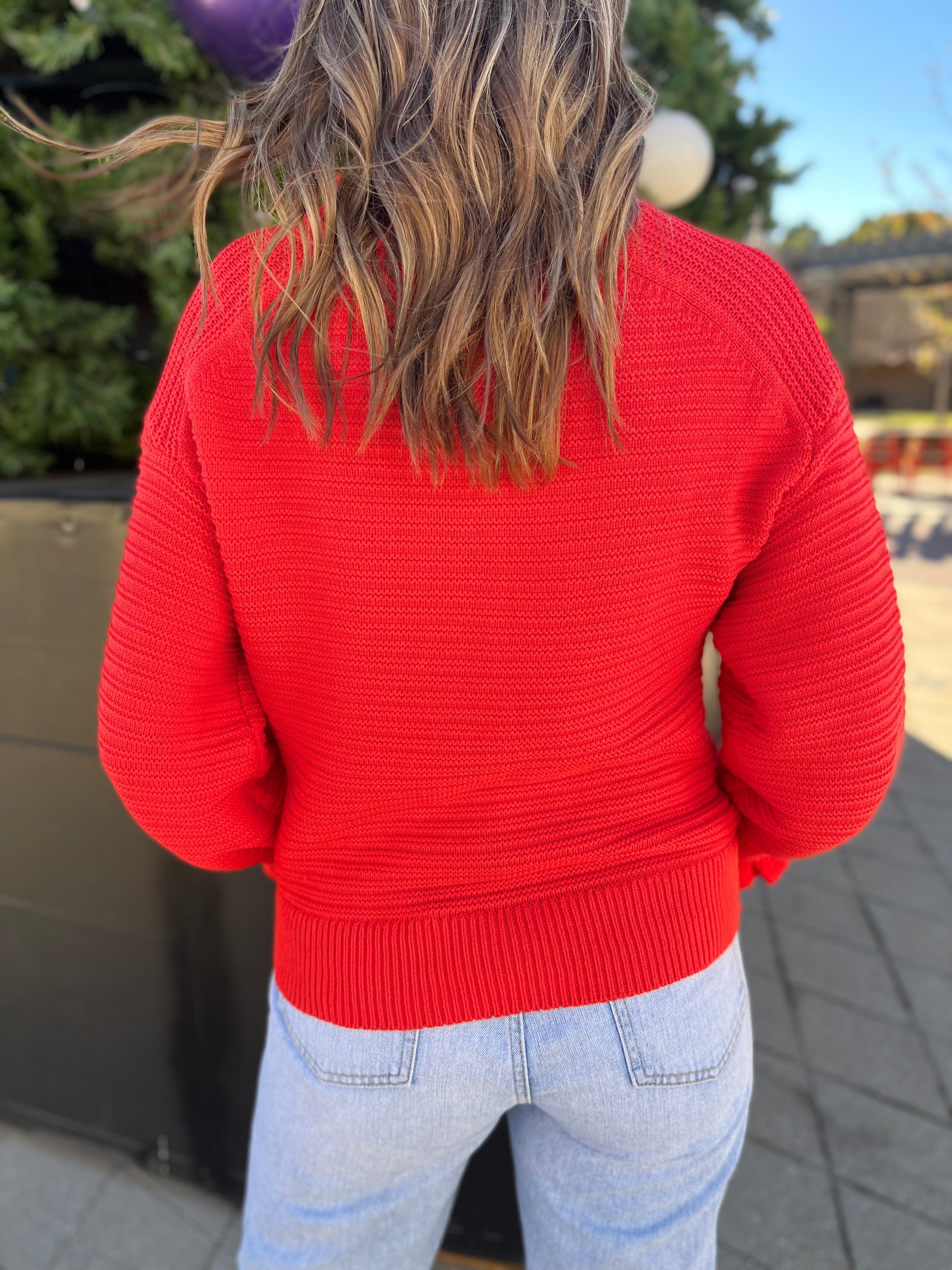 Ruffle Neck Ribbed Sweater- Red