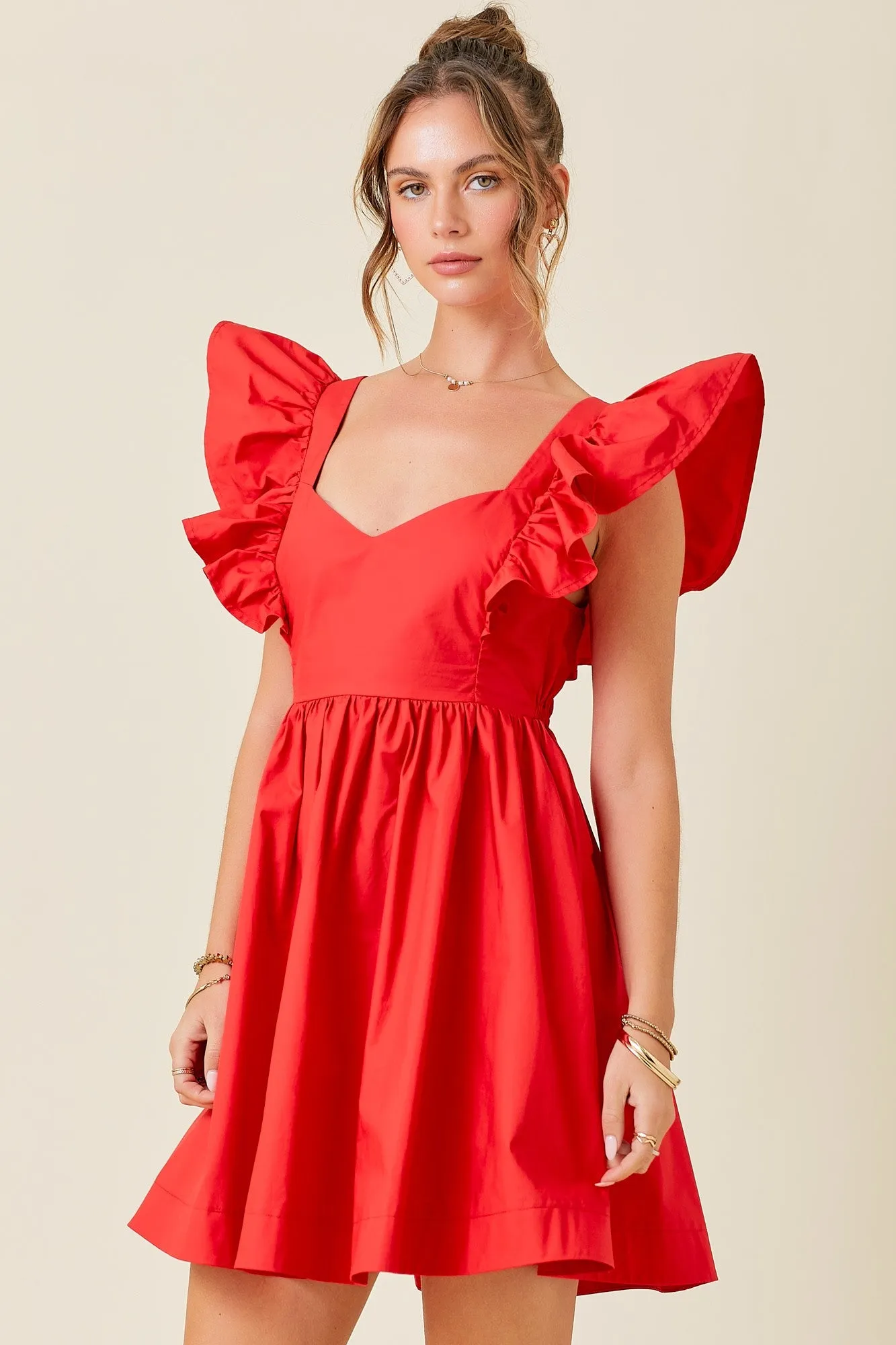 Ruffle Sleeve Mini Dress With Tie Back