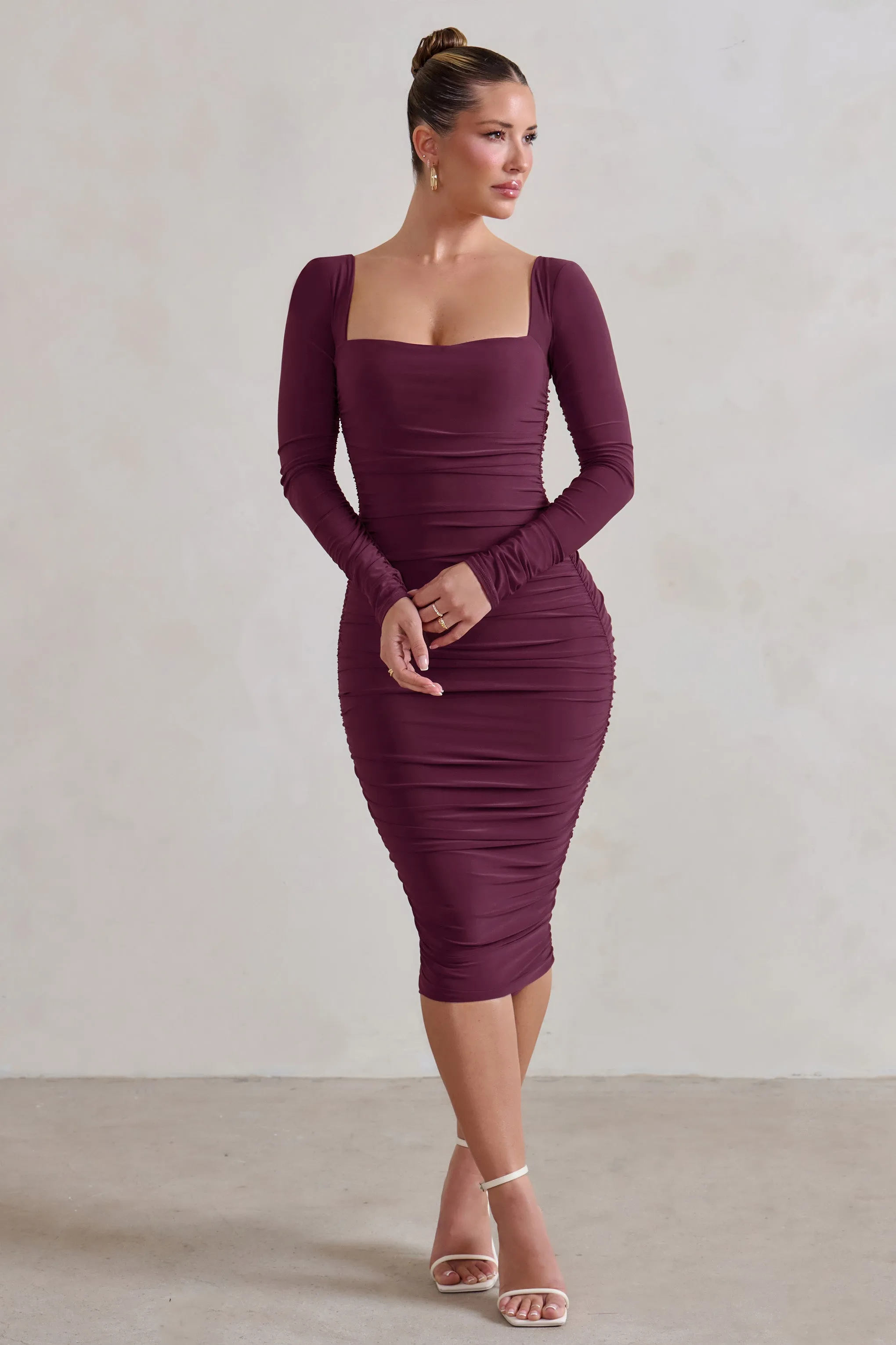 Seductress | Burgundy Square Neck Bodycon Midi Dress With Long Sleeves