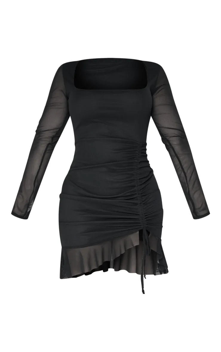 Shape Black Long Sleeve Frill Hem Bodycon Dress