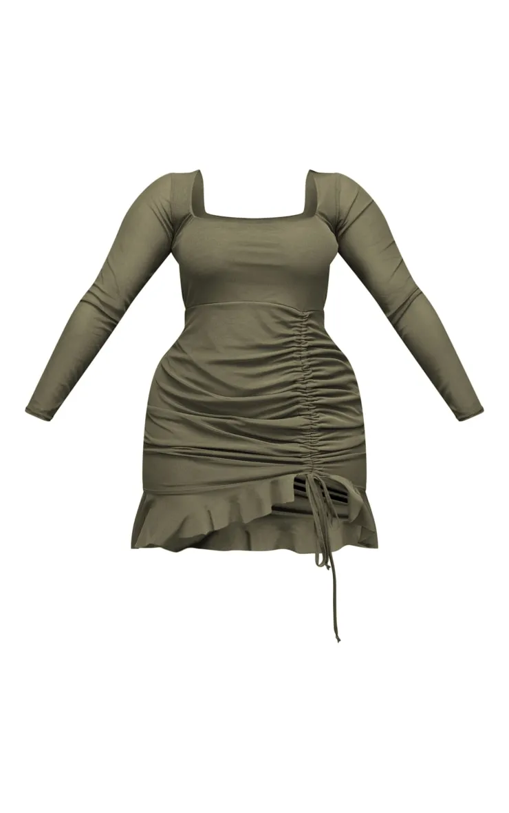 Shape Khaki Long Sleeve Frill Hem Bodycon Dress