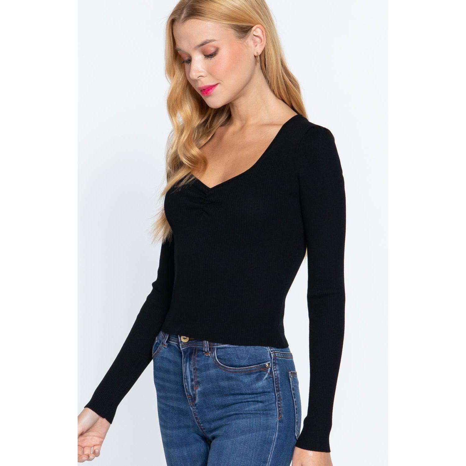 Shirring Sweatheart Neck Sweater