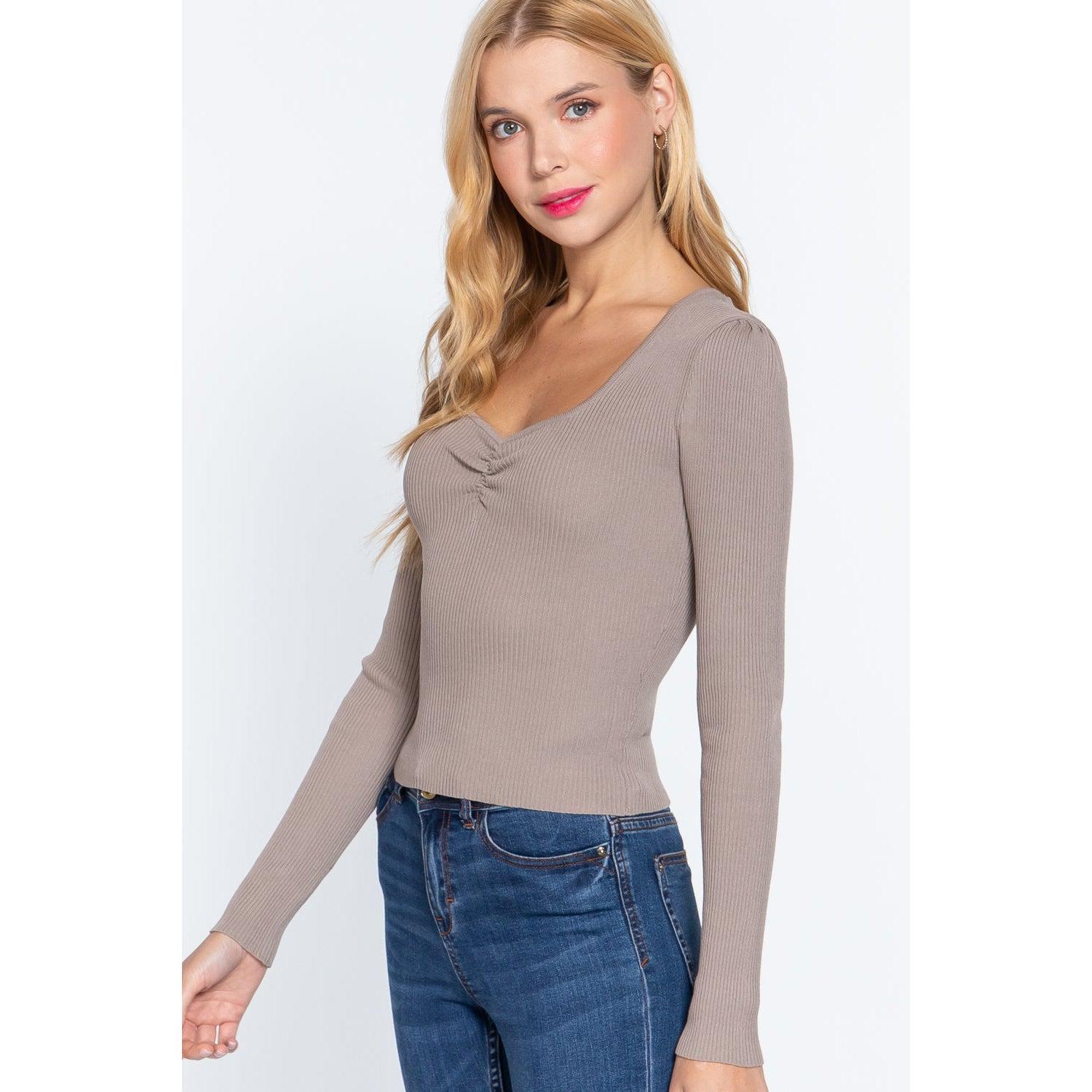 Shirring Sweatheart Neck Sweater