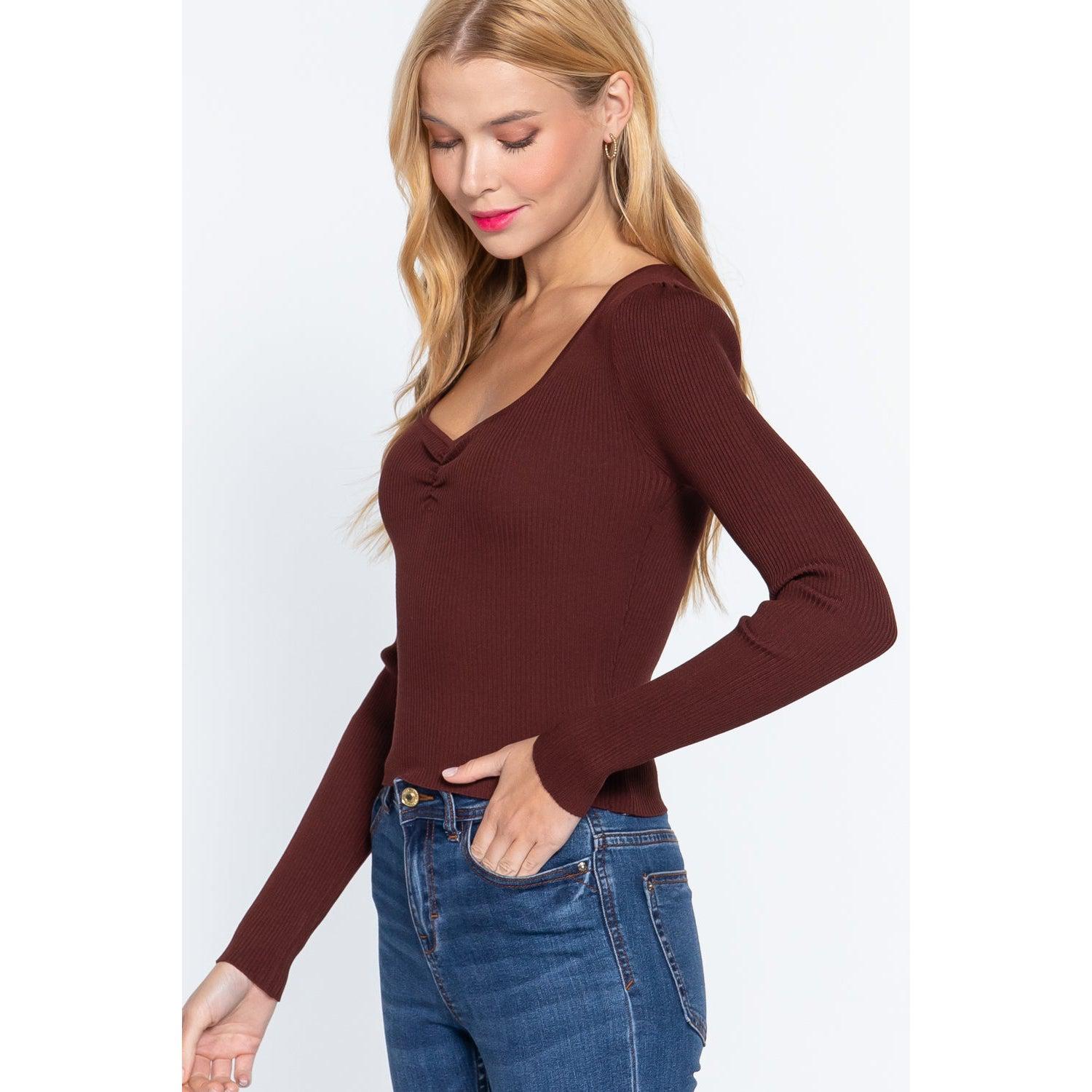 Shirring Sweatheart Neck Sweater