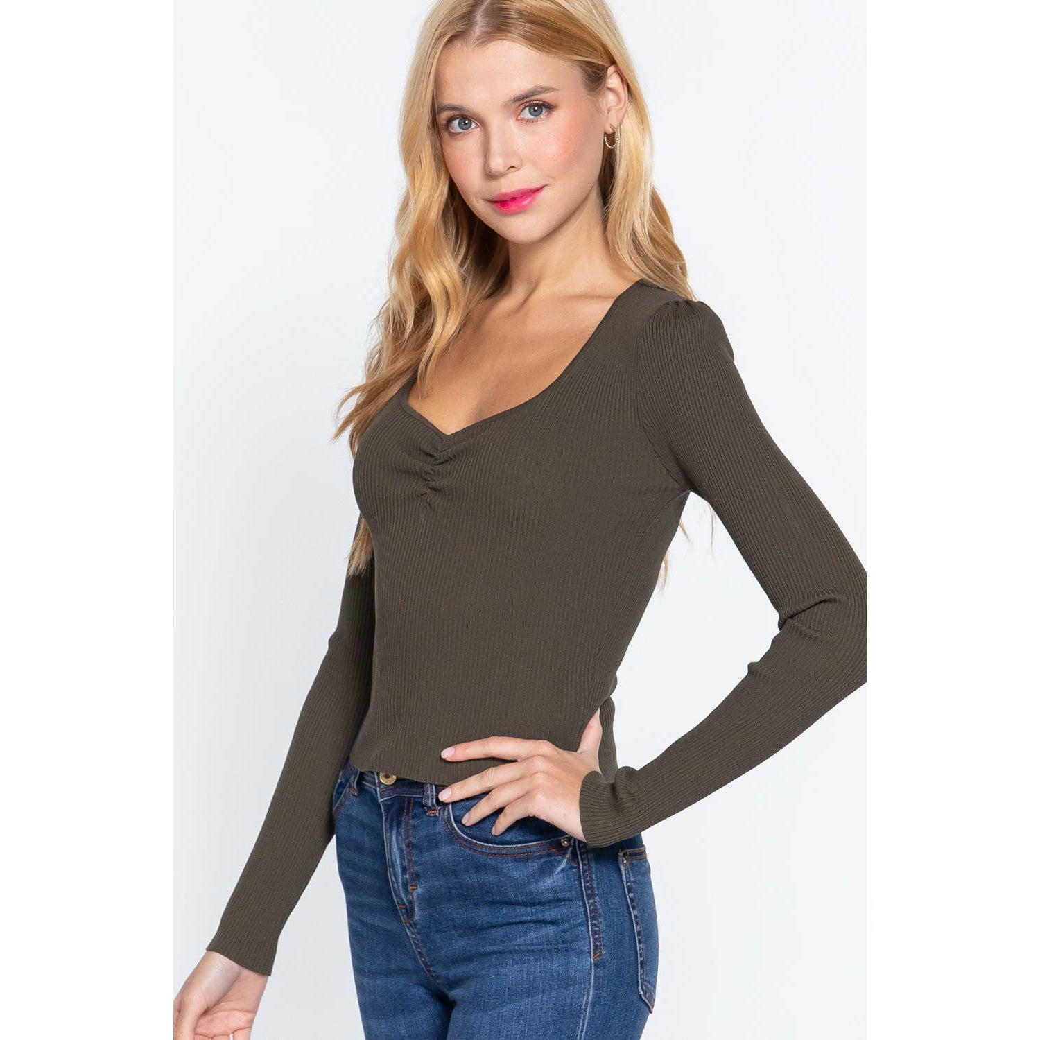 Shirring Sweatheart Neck Sweater