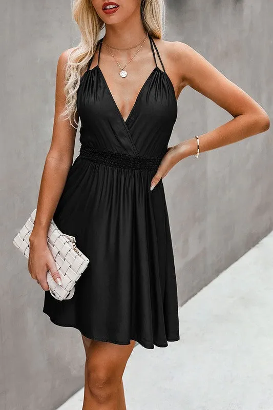 Sleeveless Open Back V Neck Solid Short Dress